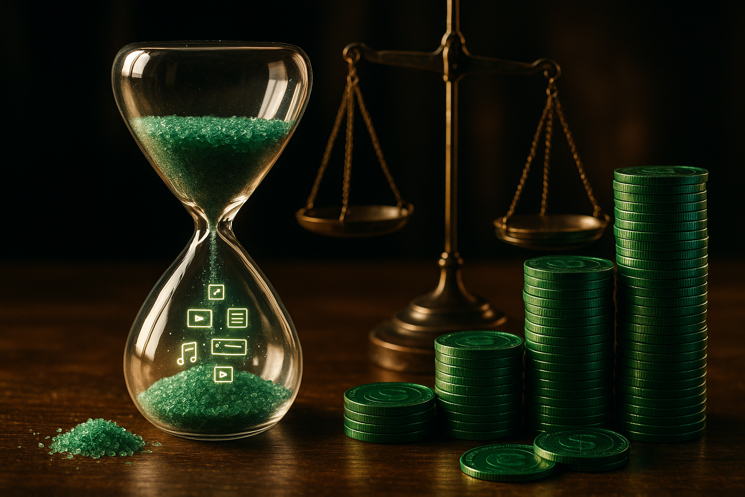 Hourglass of time transforming into promotion efforts beside multiplying coin stacks showing paid promotion's 10x efficiency
