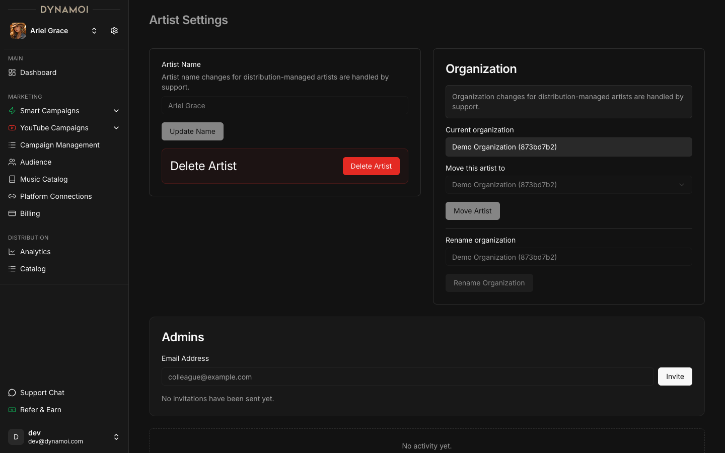 Artist Settings page showing profile configuration options