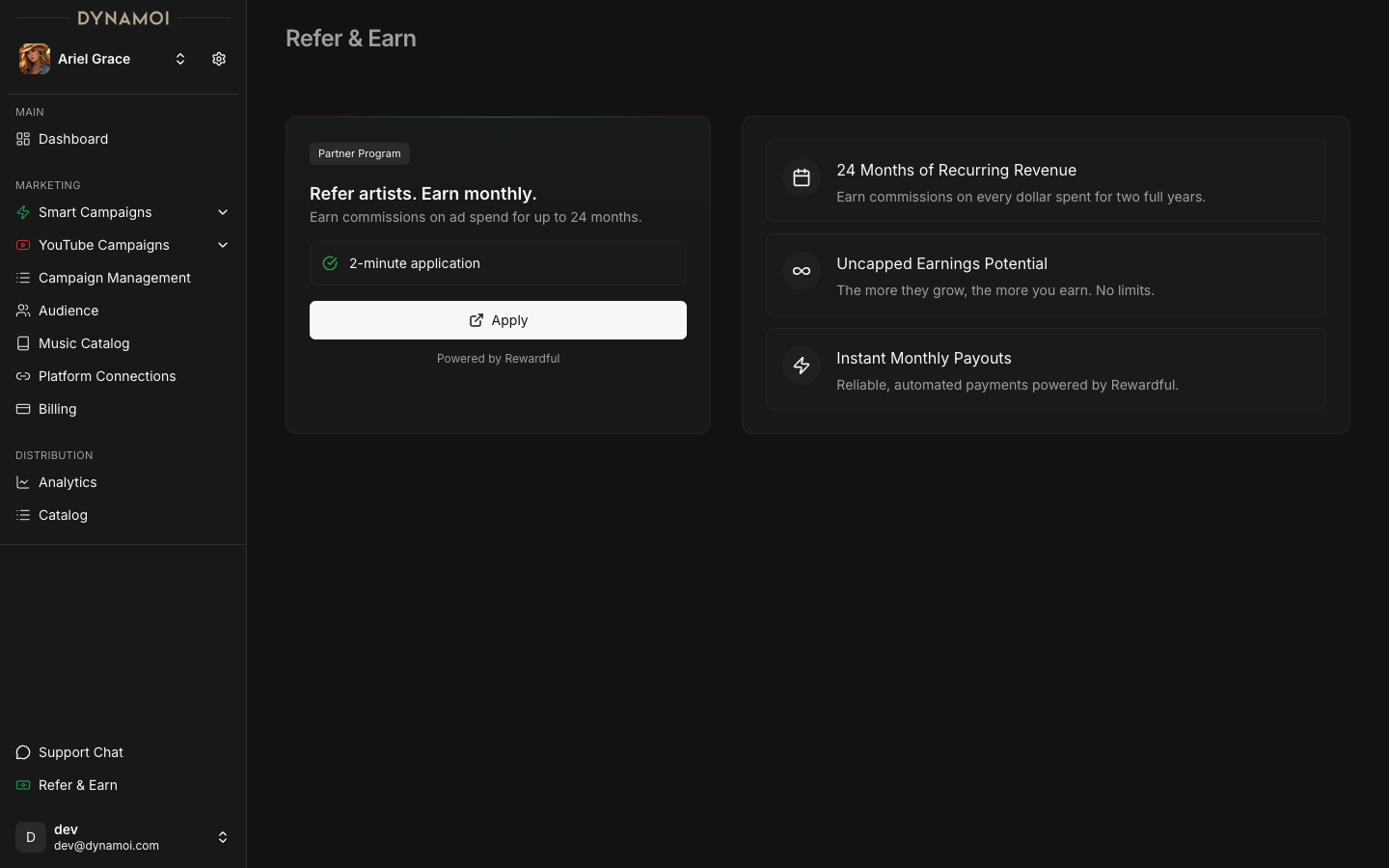 Refer and Earn page showing partner program application with commission benefits