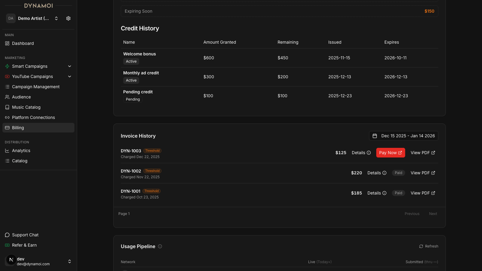 Billing Management showing credit history and invoice history
