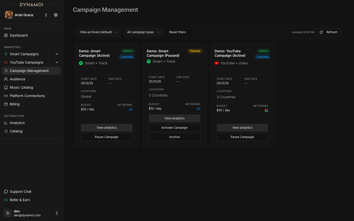 Gestión de campañas mostrando campañas activas, pausadas y en fase de aprendizaje con detalles de presupuesto, ubicación y red