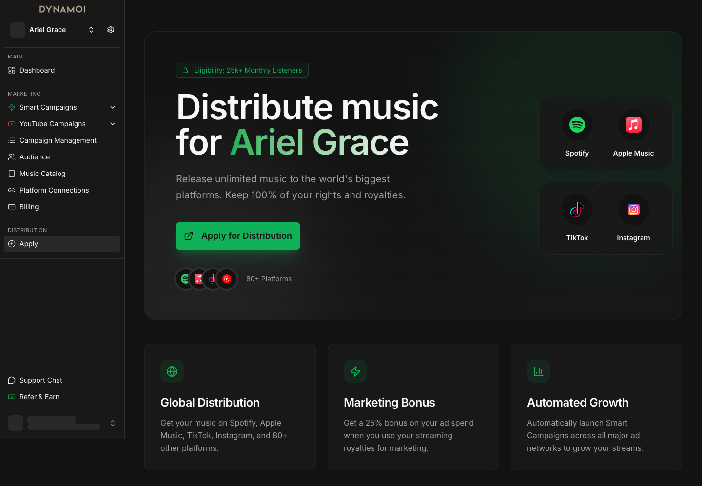 Página de Solicitud de Distribución mostrando el flujo de solicitud con un solo clic