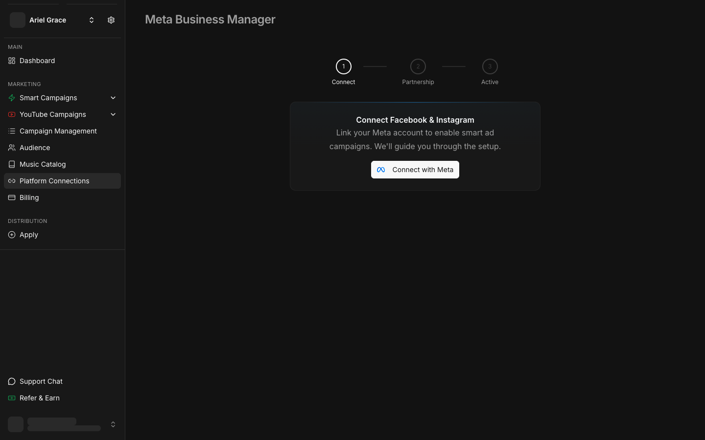 Meta Business Manager page with connection stepper and connect button