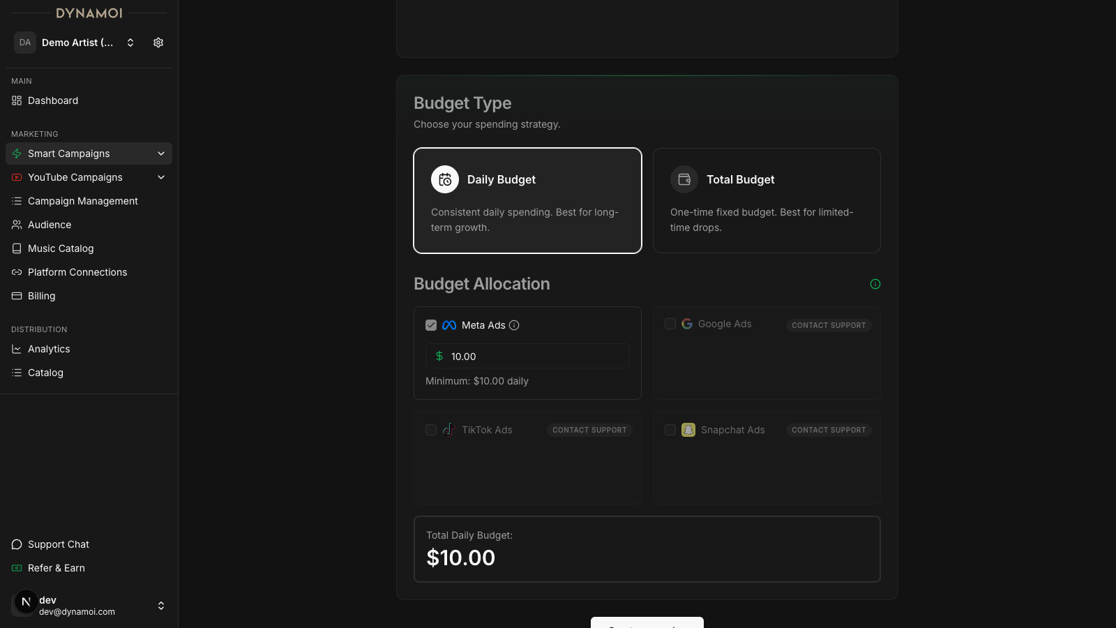 Create Smart Campaign wizard showing budget and targeting options