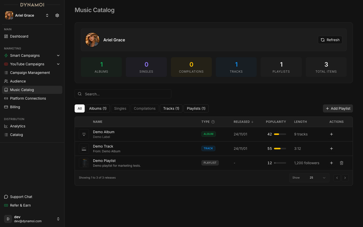 Music Catalog showing Spotify content with albums, tracks, playlists and catalog stats