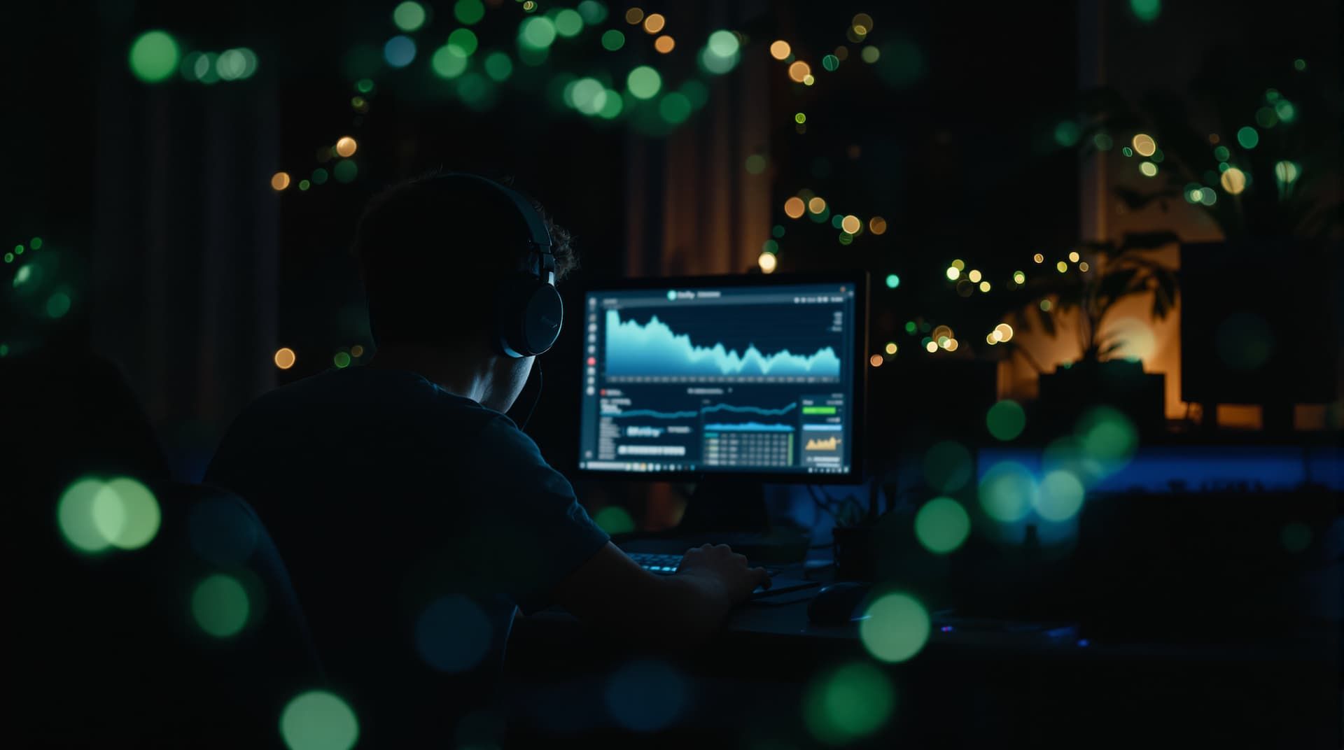 Independent musician in home studio at night, reviewing Spotify streaming data on screen with abstract light trails symbolizing music promotion and global audience reach