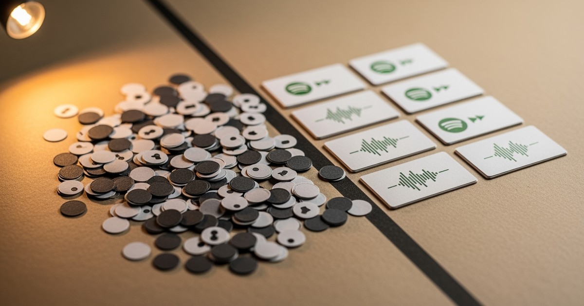 A tactile diorama on kraft paper shows a line dividing a chaotic pile of tiny paper dots from three neat cards with waveforms
