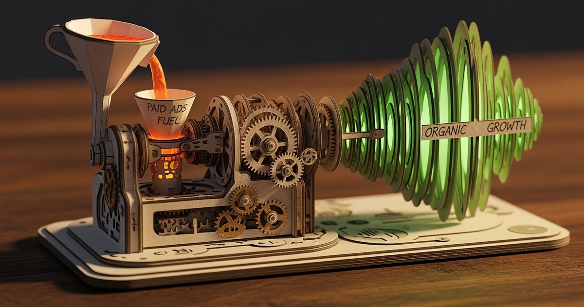 A tactile papercraft diorama of a machine where a funnel representing ads pours glowing fuel into an engine, powering organic