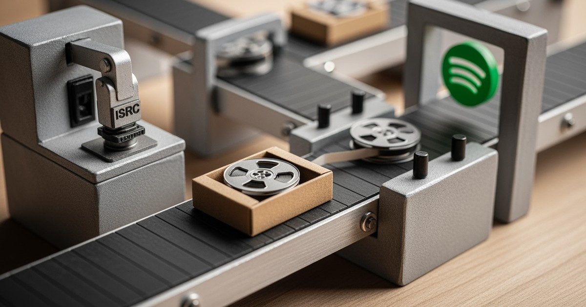 A miniature conveyor belt processing a master audio tape, representing the music distribution supply chain for Spotify.