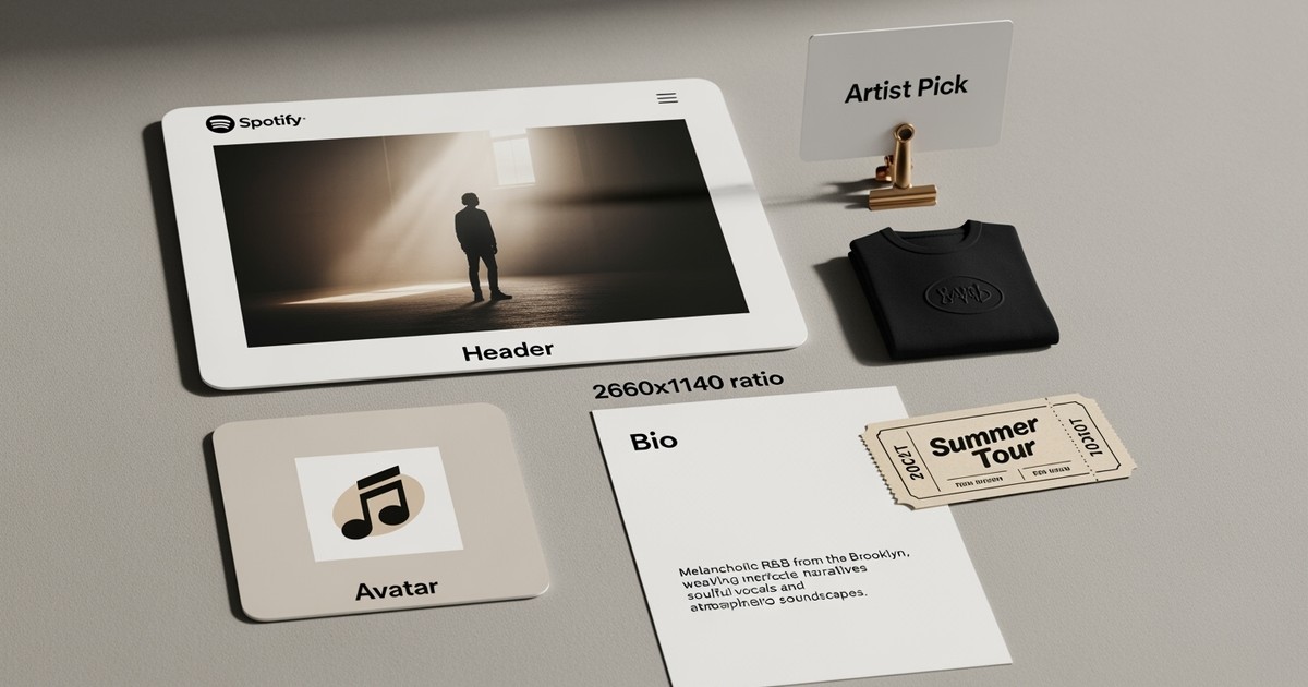 An editorial flat lay of stylized physical cards and objects representing a Spotify artist profile being optimized.
