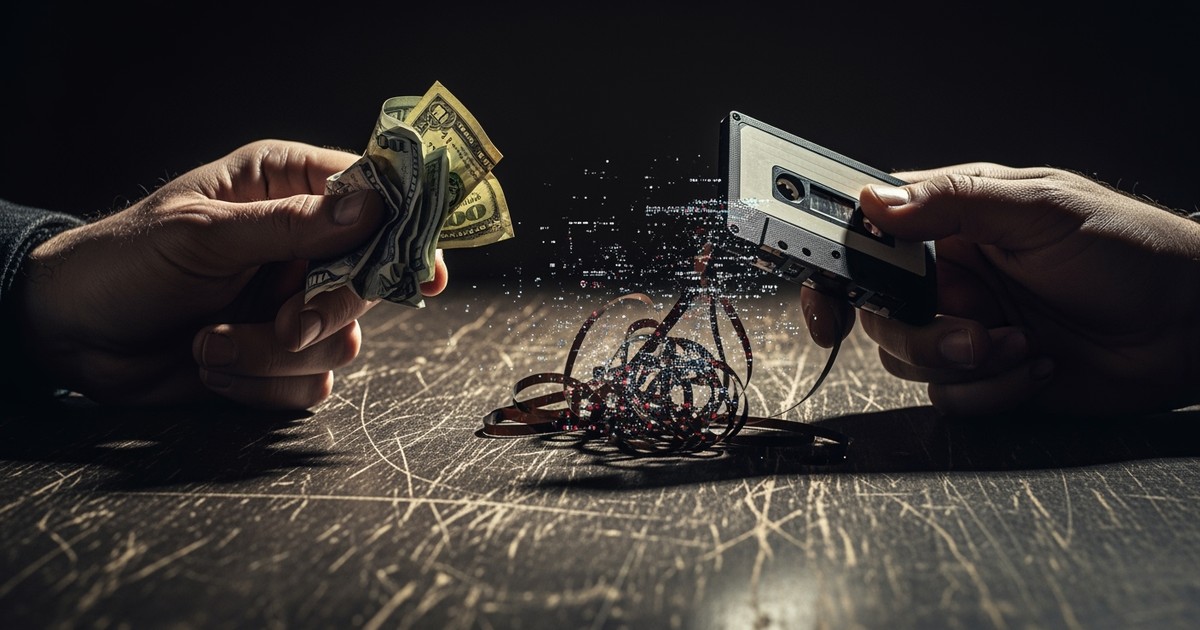 A close-up photo of a shady deal. One hand gives cash, the other gives a cassette tape with its magnetic tape tangled and gli