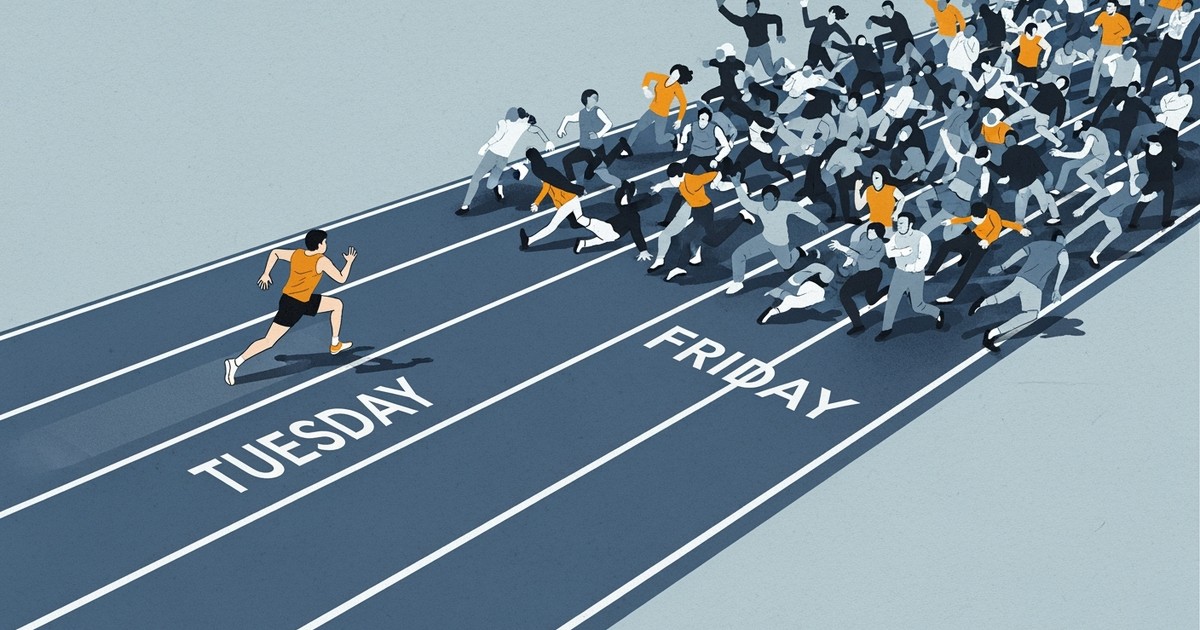 An illustration of a race track where the Friday lane is a chaotic pile-up of runners, while a single runner has a clear path