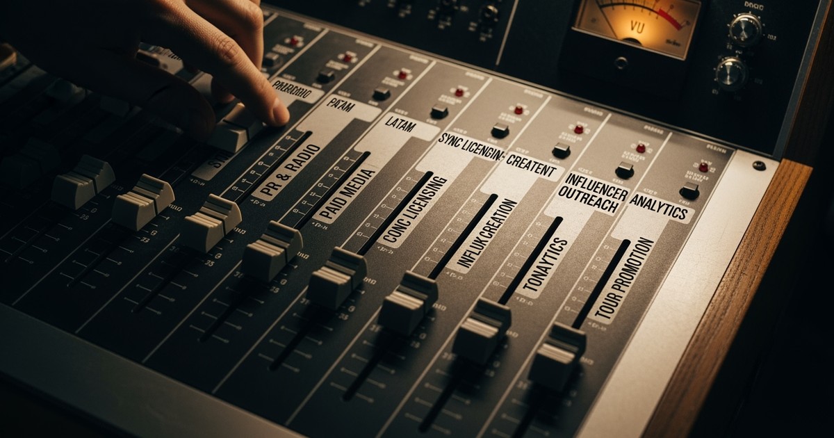 A hand adjusts a fader on a vintage mixing console. The channels are labeled with music marketing services like 'PR' and 'PAI
