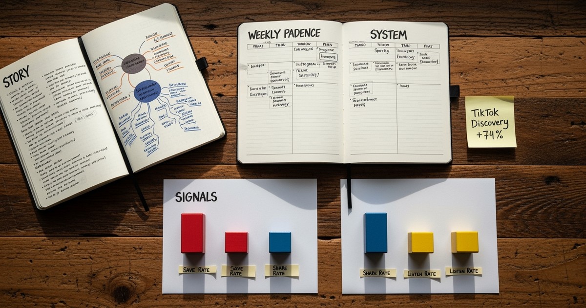 A flat lay photo of a musician's marketing plan, with sections for story, system, and metric signals on a wooden desk.