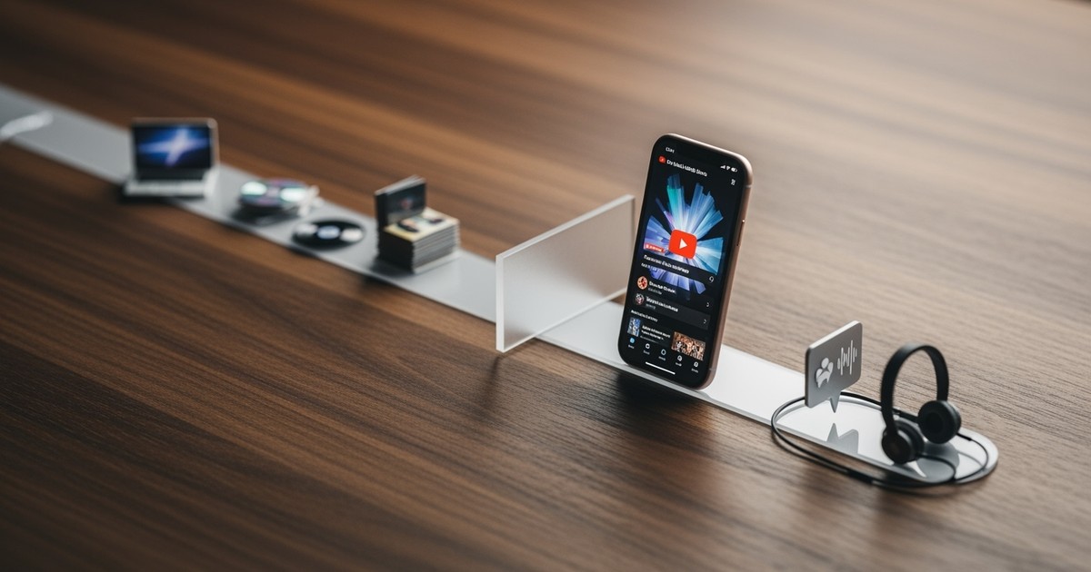 A handcrafted diorama showing the evolution of music marketing, from a laptop and CDs to a smartphone and headphones.