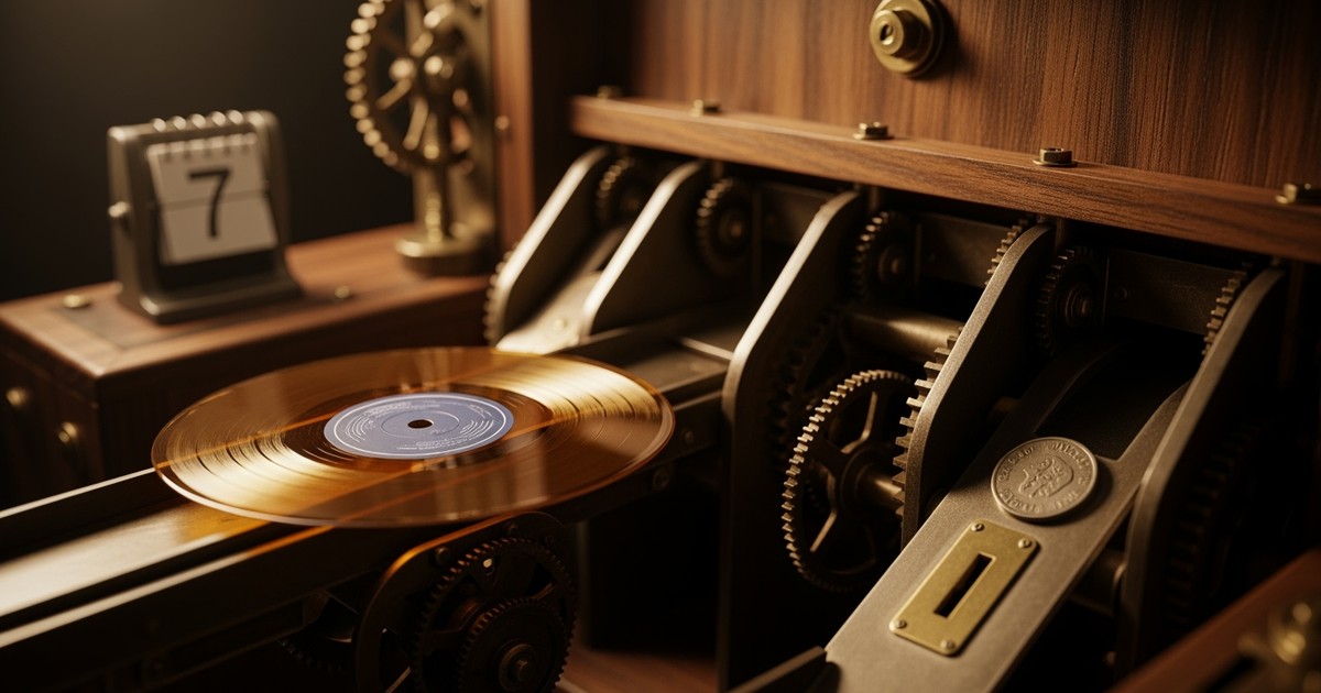 A unique vinyl record travels along a complex wooden and brass machine, symbolizing the playlist pitching process.