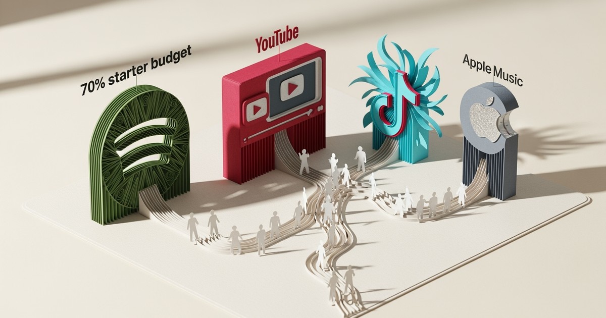 A paper craft diorama showing marketing strategies for Spotify, YouTube, TikTok, and Apple Music as distinct structures.