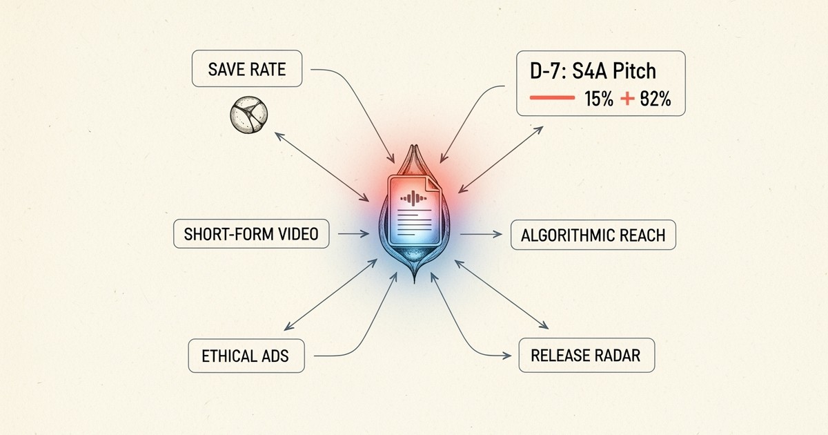 A vintage-style scientific diagram illustrating Spotify music promotion. A central audio file receives inputs from ads and vi