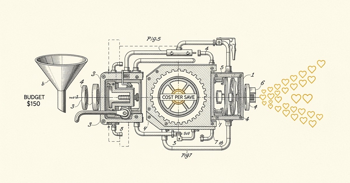 A vintage technical drawing of a complex machine that turns a budget into music saves, with a central gear labeled 'Cost Per