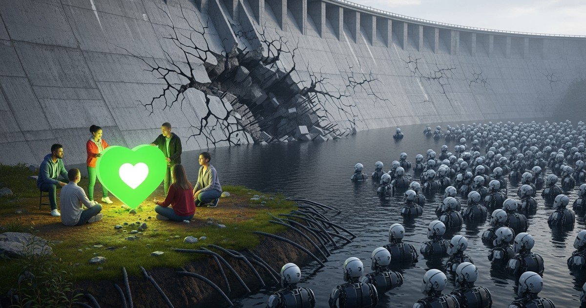 A glowing green heart icon is nurtured by real people, separated by a cracking dam from an army of robotic figures.