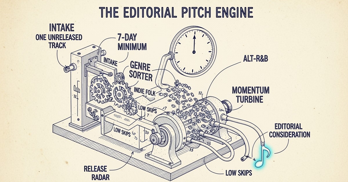 A detailed technical blueprint of a whimsical machine processing a musical note for Spotify playlists.