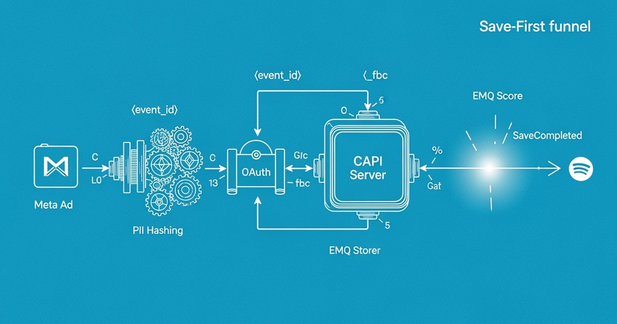 A technical blueprint schematic showing the data flow from a Meta Ad to a confirmed Spotify Save via the Conversions API.