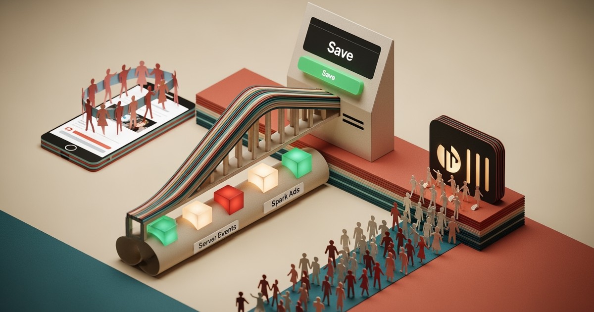 A paper craft diorama showing a marketing funnel from a smartphone with a TikTok logo to a Spotify 'Save' button.