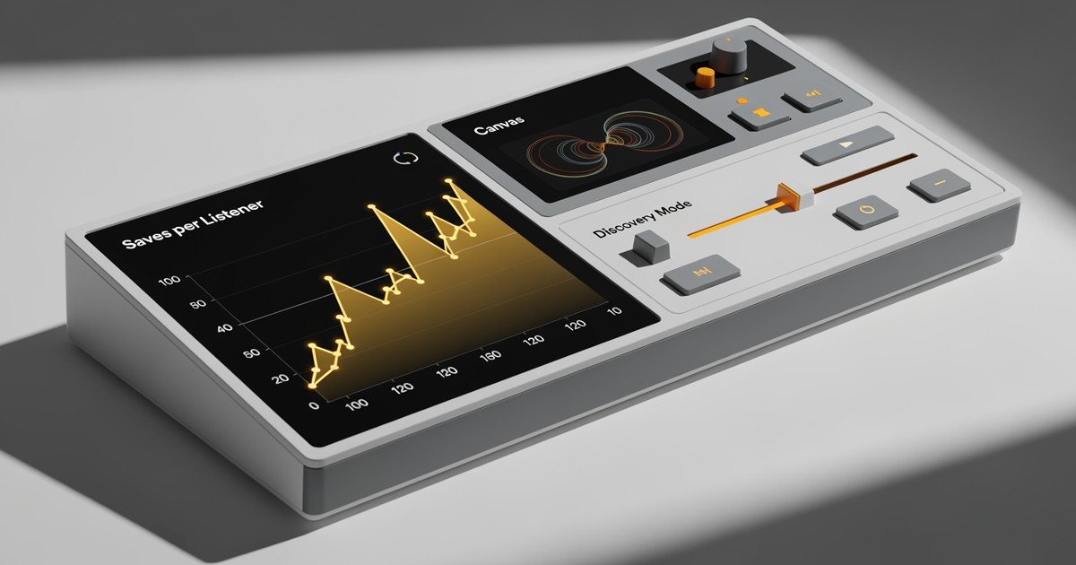 A 3D data visualization of a Spotify for Artists dashboard, styled as a modern audio mixing console with glowing charts and k