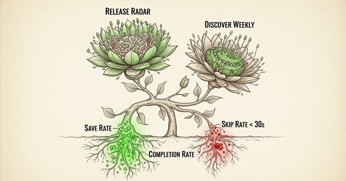 A scientific illustration of a plant representing the Spotify algorithm, with roots for save rates and flowers for playlists.