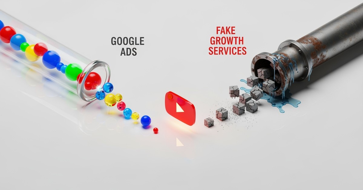 An isometric illustration contrasting two pipelines leading to a YouTube icon: a clean one from Google Ads and a rusty, broke