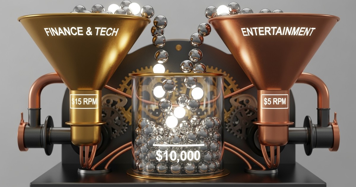 A 3D rendered machine visualizing YouTube income. Different funnels labeled with RPMs feed a central container marked $10,000