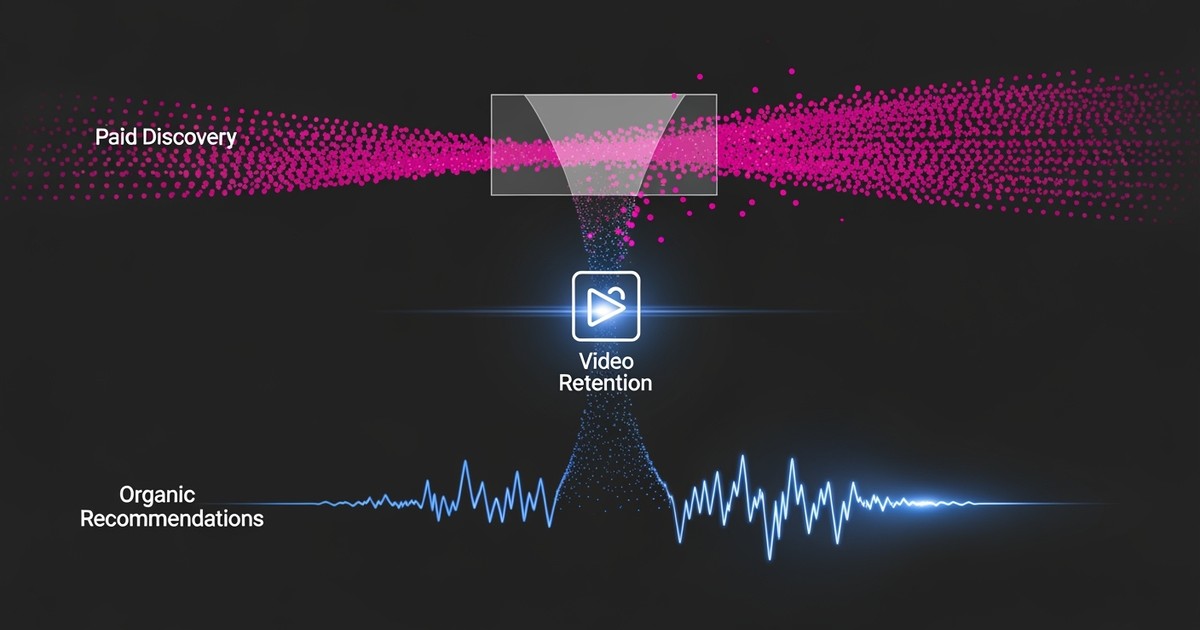 A diagram showing how paid YouTube traffic with high retention can boost organic video recommendations in the algorithm.