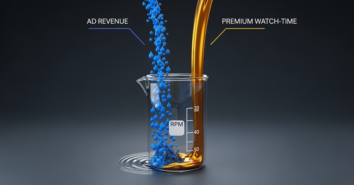 A conceptual 3D render comparing ad revenue (blue drops) and YouTube Premium revenue (a golden stream) filling a glass.