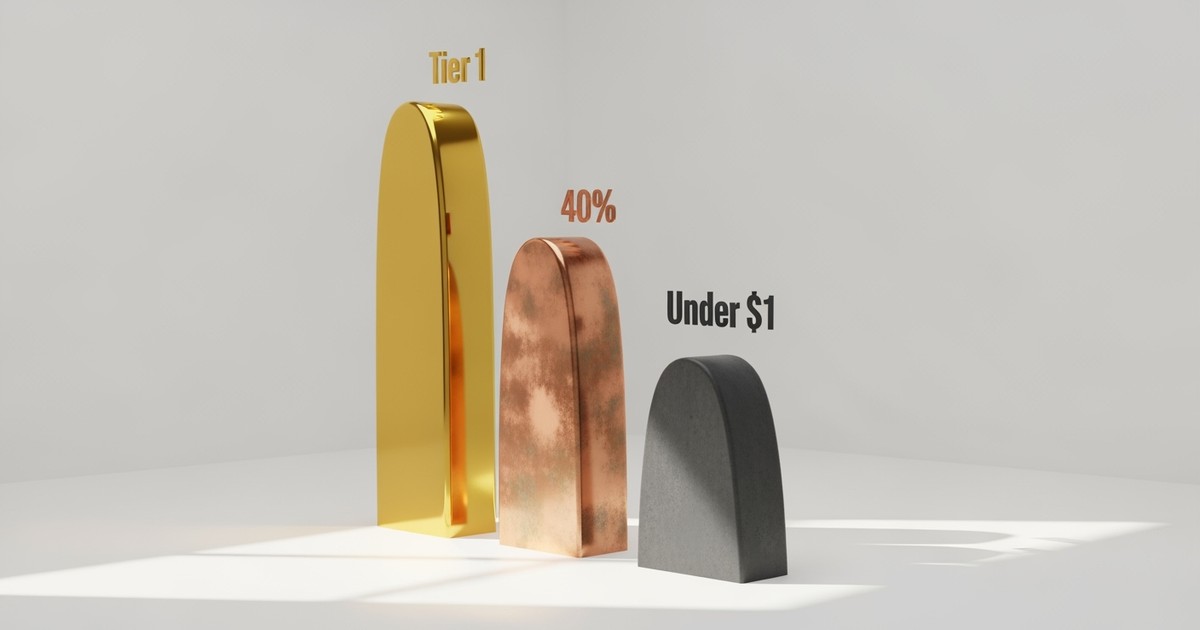 An abstract 3D data sculpture of three sound waves in gold, copper, and concrete, representing different YouTube revenue tier