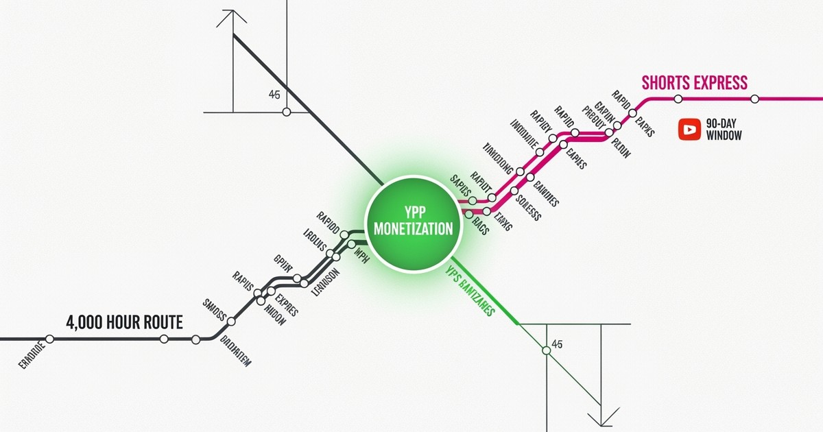 A minimalist infographic subway map showing two separate lines, '4,000 Hour Route' and 'Shorts Express,' both leading to a ce
