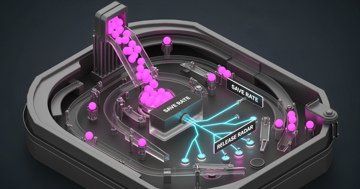 A 3D infographic showing a pinball machine representing the Spotify algorithm. Glowing spheres trigger a path labeled 'Save R