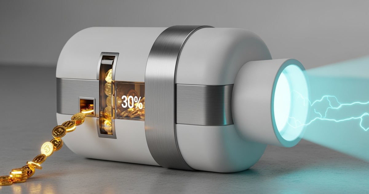 A sleek white machine turns a stream of golden coins into a wide beam of blue light, illustrating a strategic trade-off.