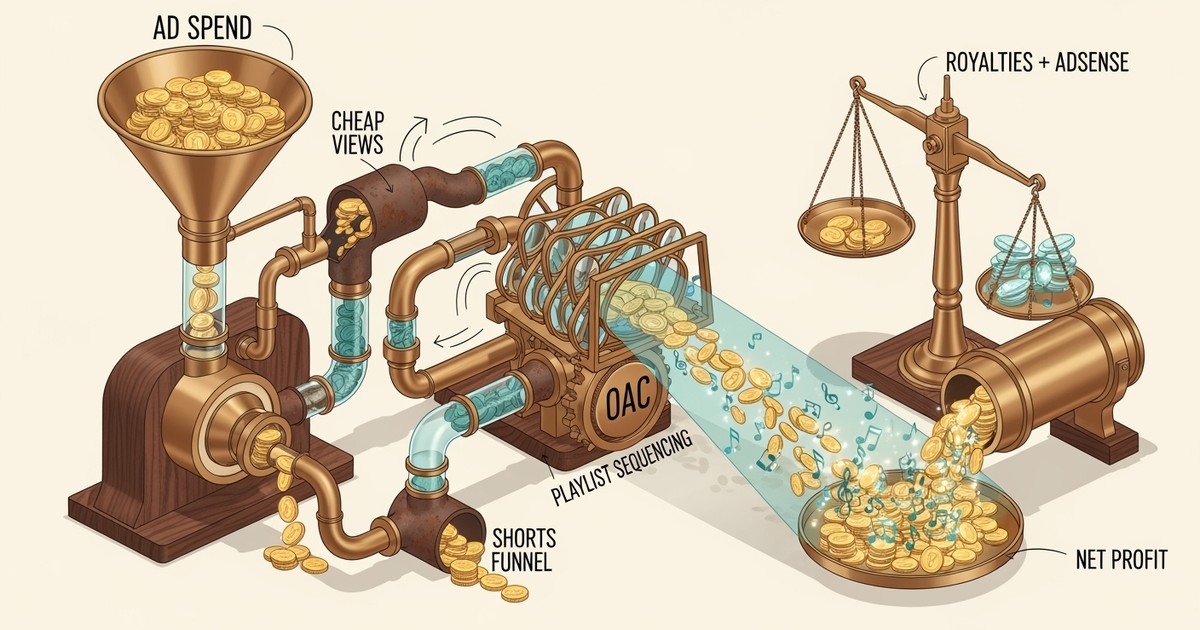 An isometric illustration of an intricate copper and wood machine that turns ad spend coins into profitable royalty streams.