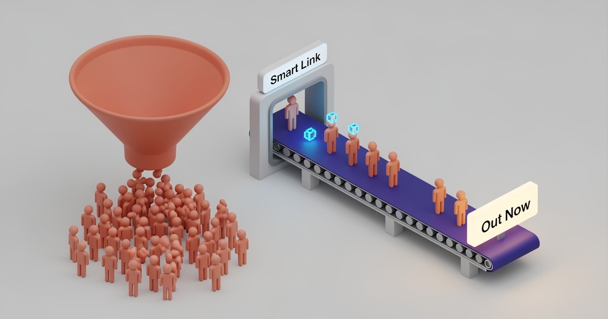 Isometric illustration of a marketing funnel, showing a large crowd being filtered into a smaller, targeted group.