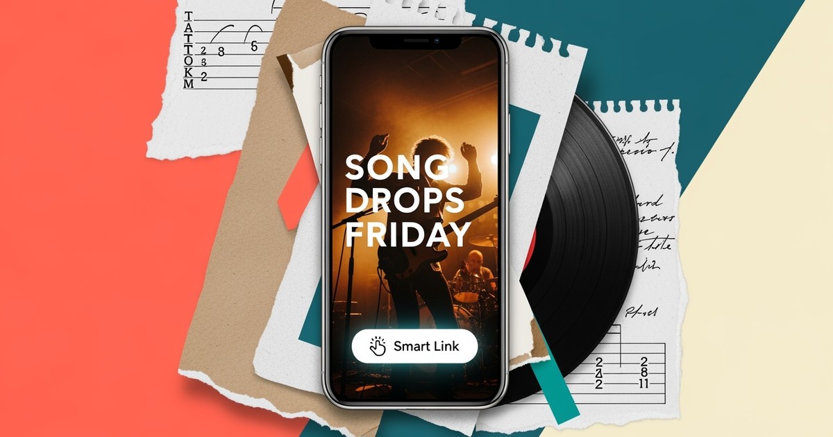 A mixed-media collage of a smartphone showing a music ad, surrounded by a vinyl record, guitar tabs, and a 'Pre-Save' button.