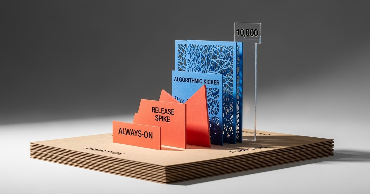 A paper craft and acrylic diorama visualizing the three-layer strategy to reach 10,000 listeners on Spotify.