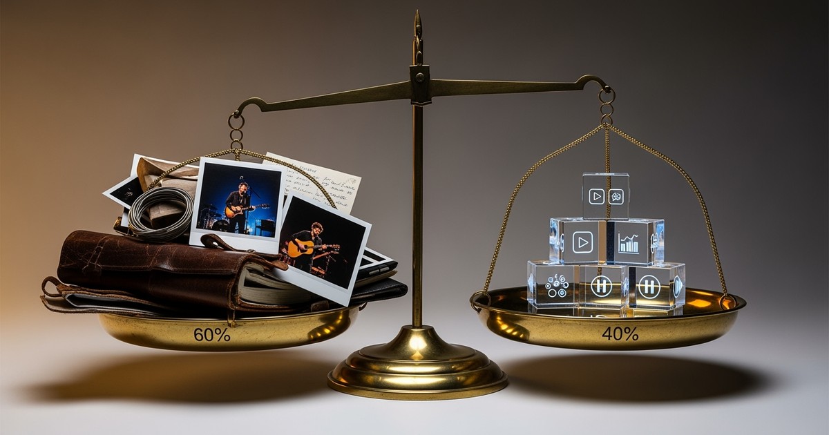 A brass balance scale in perfect equilibrium. One side holds creative items like a notebook; the other holds glowing digital