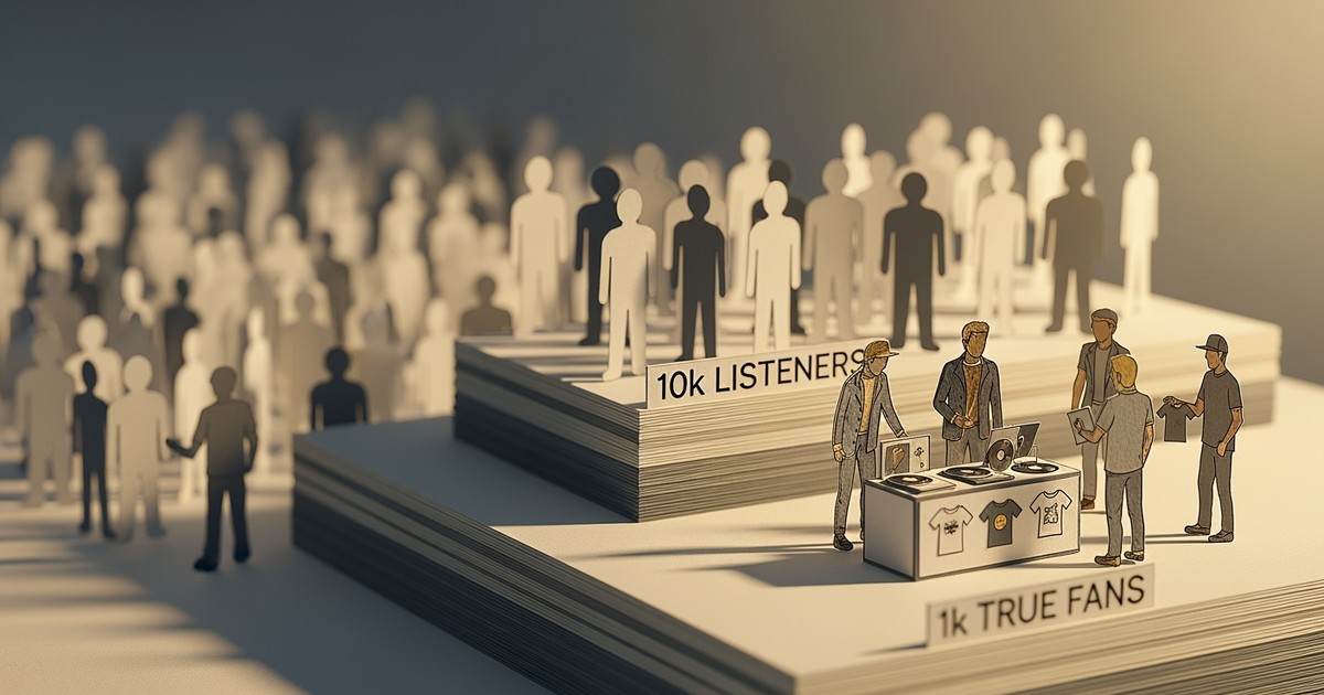 A paper craft diorama showing a funnel of music fans, from a large distant crowd to a small, dedicated group holding merch.