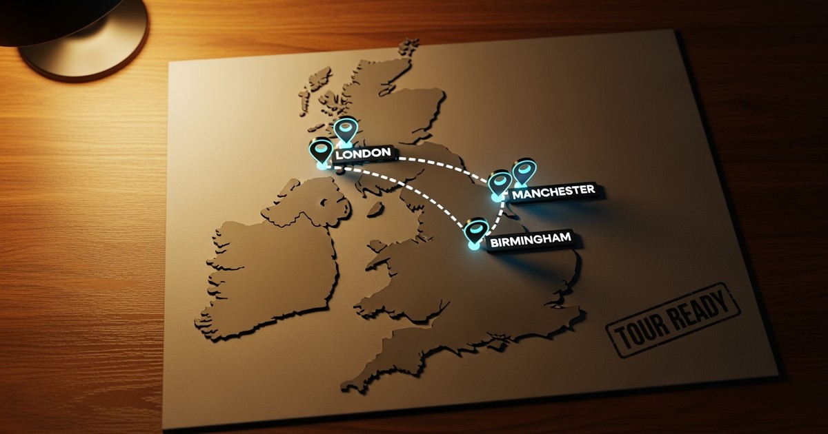 A flat-lay map of the UK showing glowing data points over cities, representing a musician's tour plan based on listener data.