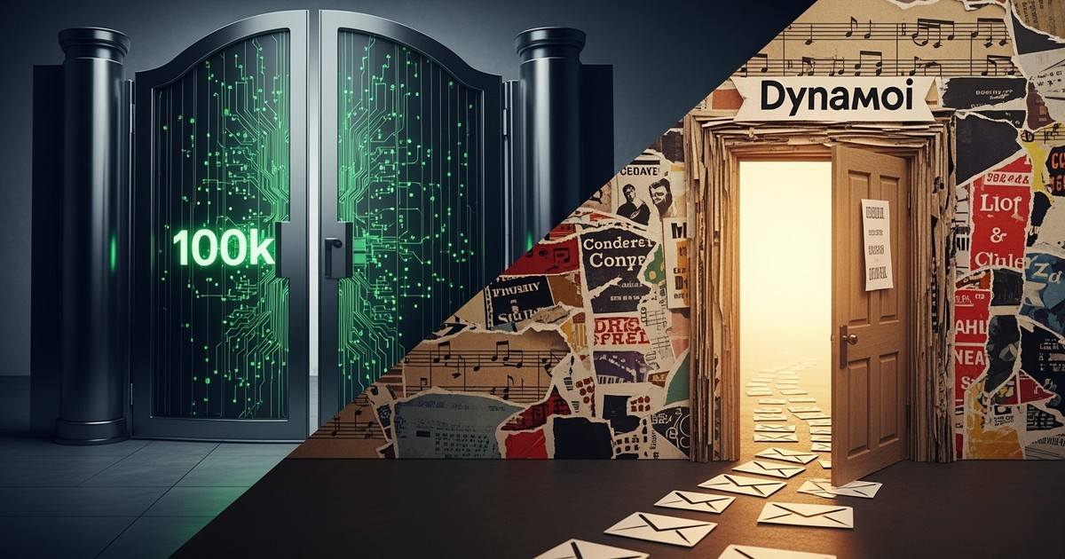 A collage showing a locked metal gate on the left and an open, handcrafted paper doorway on the right, symbolizing exclusivit