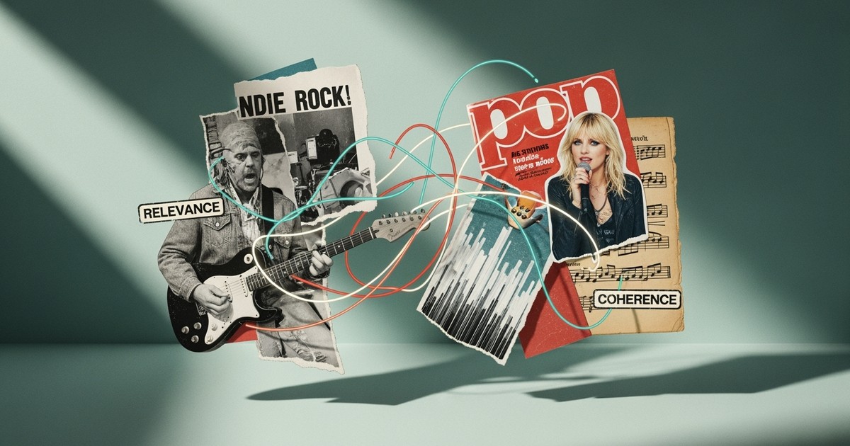 A mixed-media collage showing different music styles like rock and pop being connected by glowing lines, representing Spotify