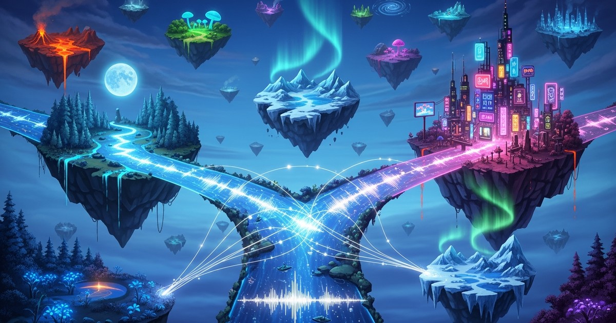 A surreal landscape where a glowing river of music forks, flowing from a quiet forest towards a vibrant city, symbolizing an