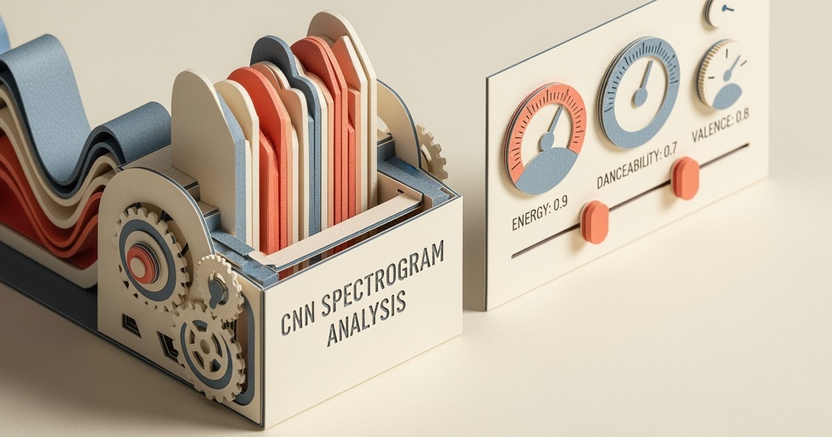 A paper craft diorama showing a sound wave entering a machine and becoming data dials for energy and valence.