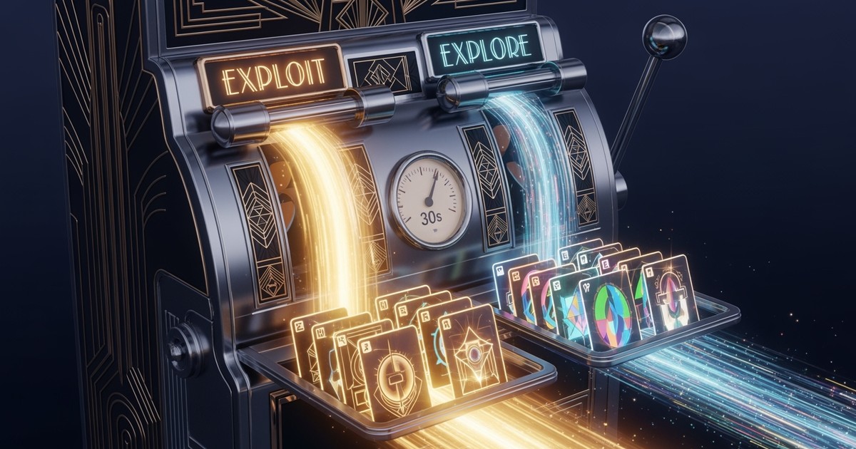 An Art Deco machine with two levers, 'Explore' and 'Exploit,' emitting streams of light that form into music recommendation c