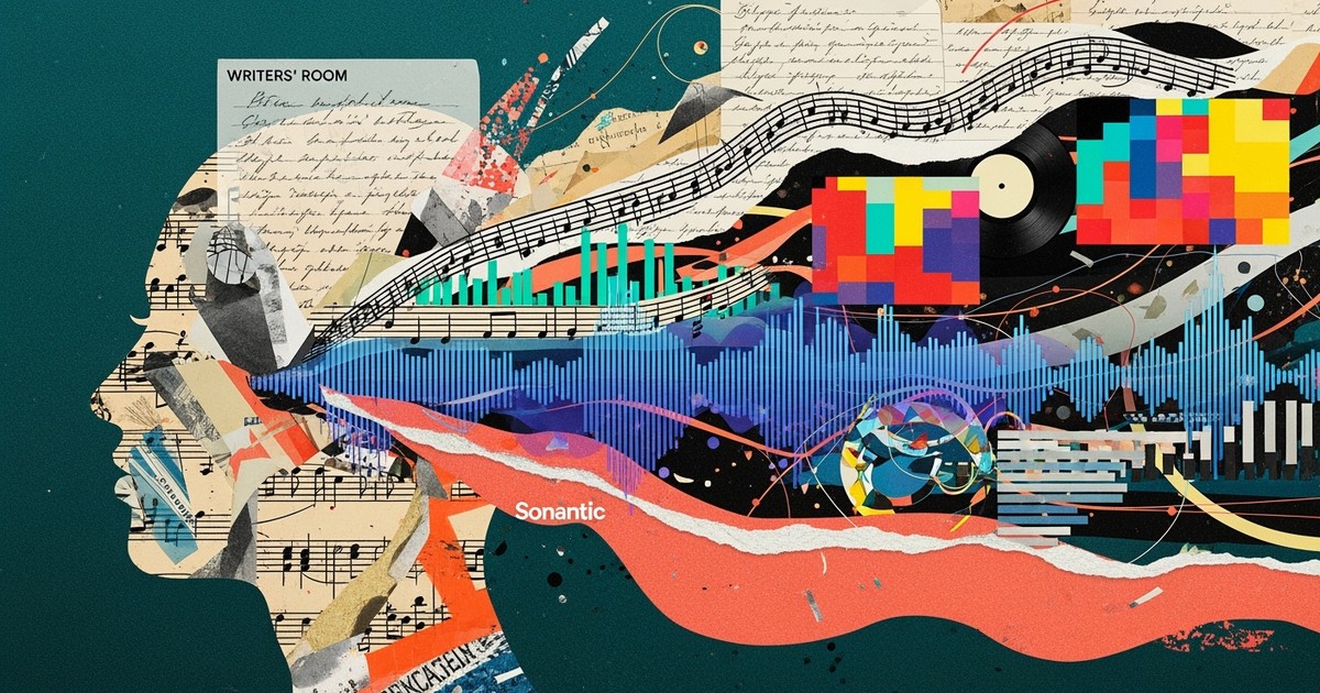 A dynamic collage showing a human silhouette filled with flowing music notes, sound waves, and data graphs, representing how an AI DJ works.